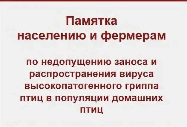 Памятка населению и фермерам по недопущению заноса и распространения вируса высокопатогенного гриппа птиц в популяции домашних птиц..